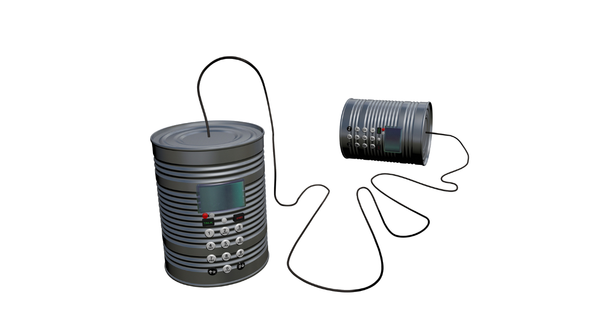 Two cans with dials and small screens connected by a string